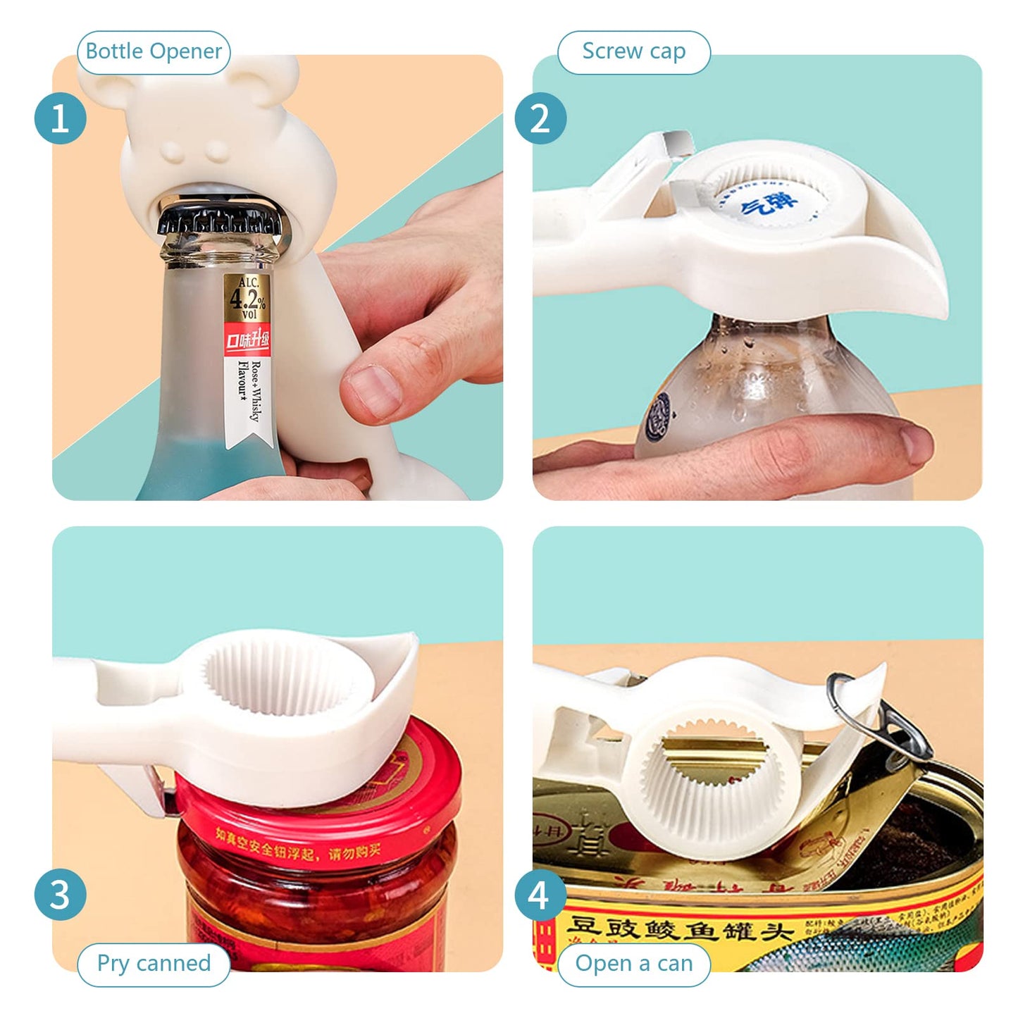 4-in-1 Multifunction Bottle & Can Opener – Cute Manual Bar Tool for Bottles, Cans & Jars | Kitchen Gadget